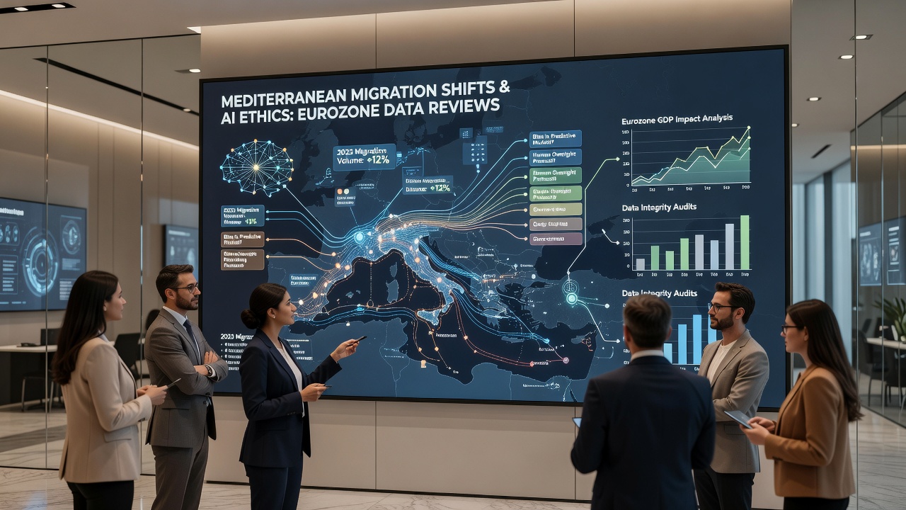 Conference room setting where analysts review Eurozone migration statistics alongside AI model outputs during October 2026 policy sessions